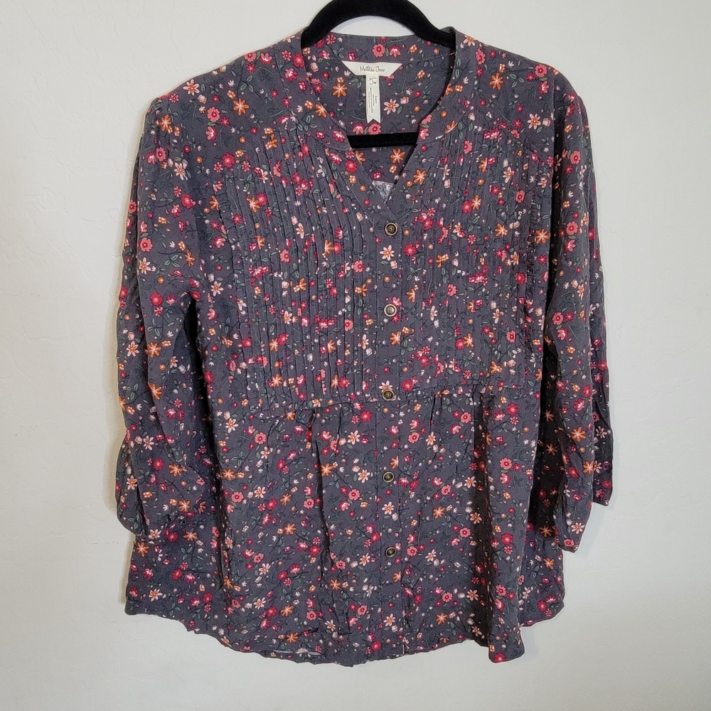 Matilda Jane Afternoon Stroll Top Pleated Floral Blouse Large Gray